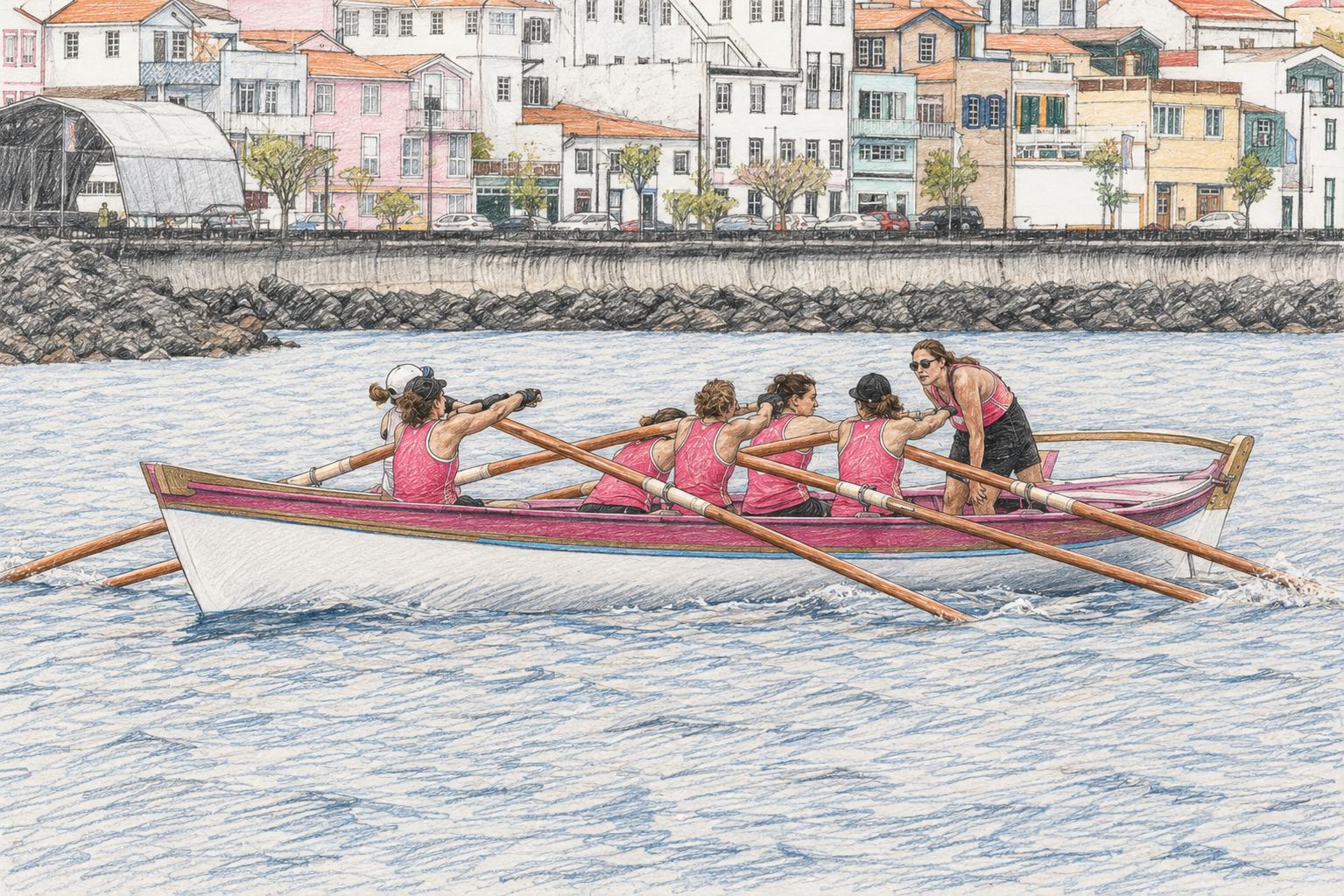 Ilustração de equipa feminina a remar em bote baleeiro, com treinadora a orientar